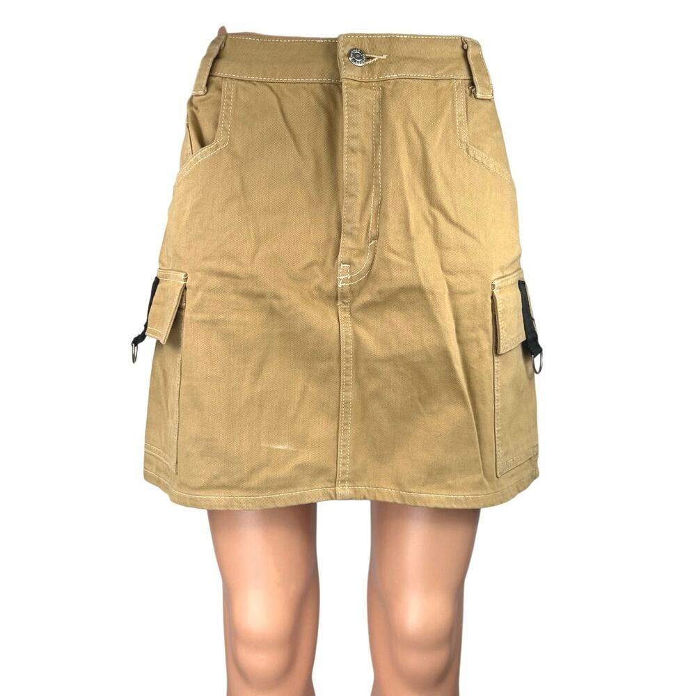 Topshop Women's Brown Tan Zip Pockets Mini A-Line Cargo Military Skirt Size 8
